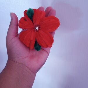 Vibrant Red and Green Fiber Art Flower